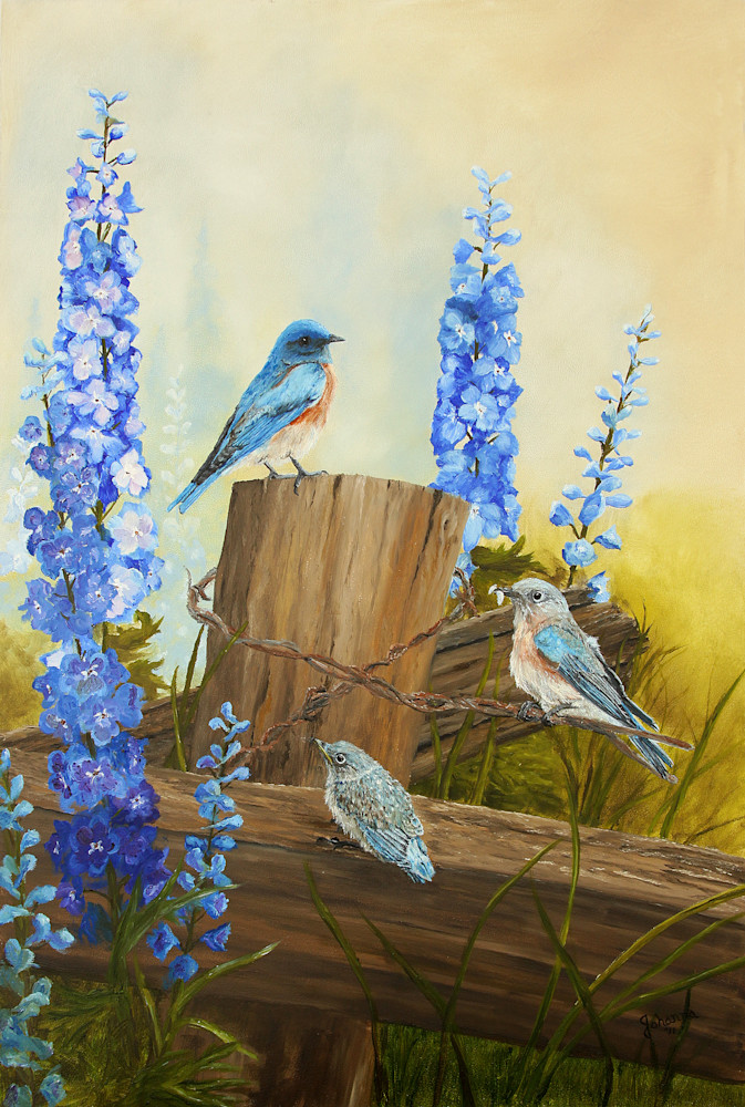 Bluebird Family And Delphiniums Art | Johanna Lerwick Wildlife Artist