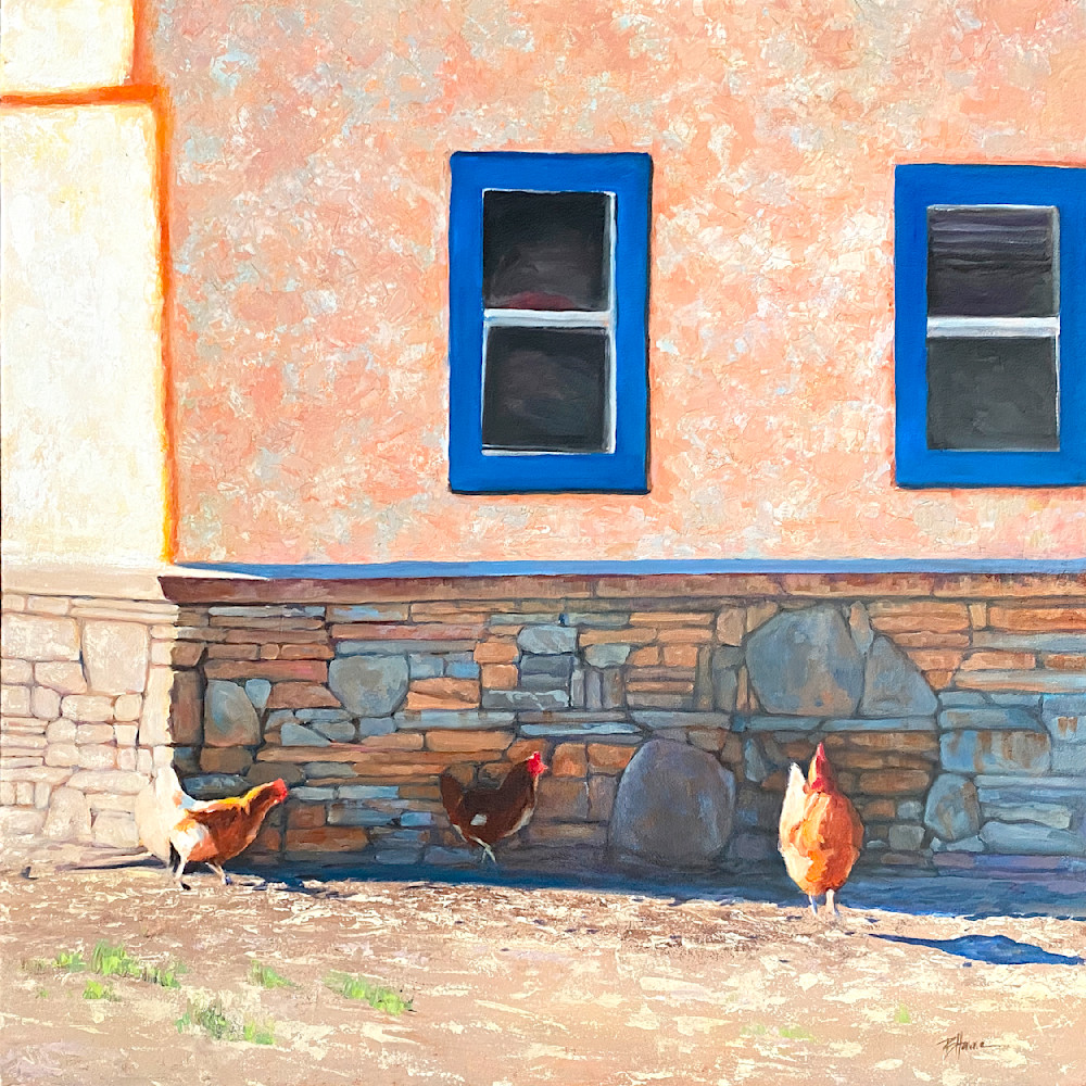 Chickens, bright sunlight and spanish type house print and painting