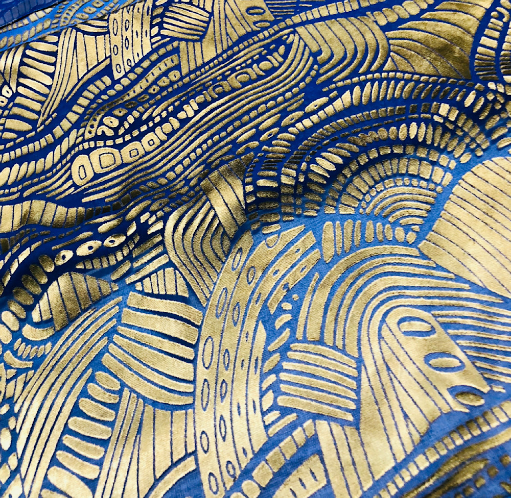 Egyptian Gold - dyed devore silk in Indigo and Bronze.