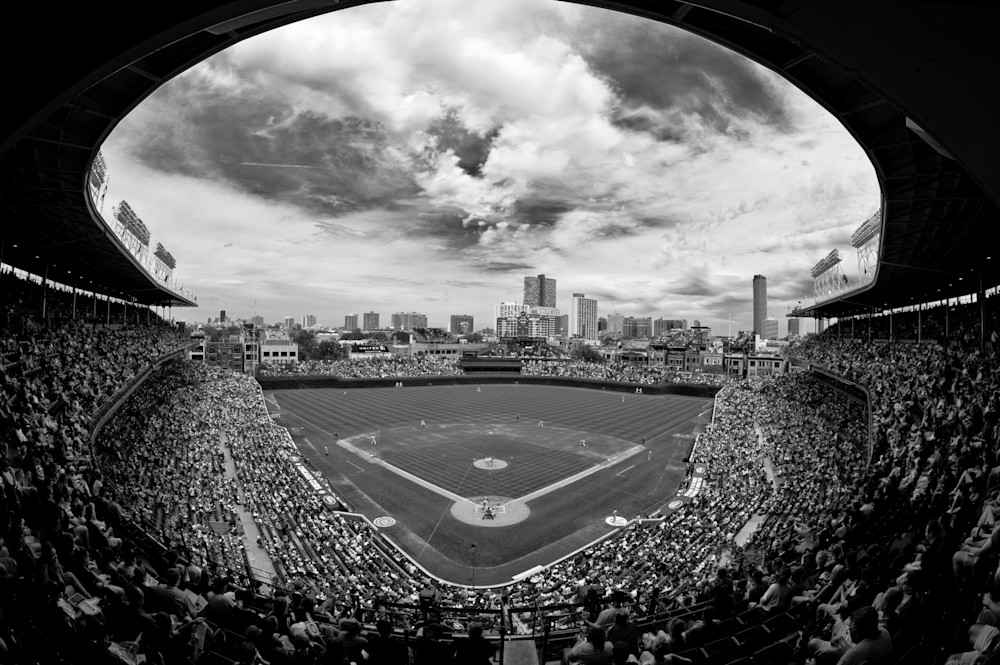 Wrigley field picture with a storm breaking up over the field. Shop Prints/ Greg Wyatt Photography