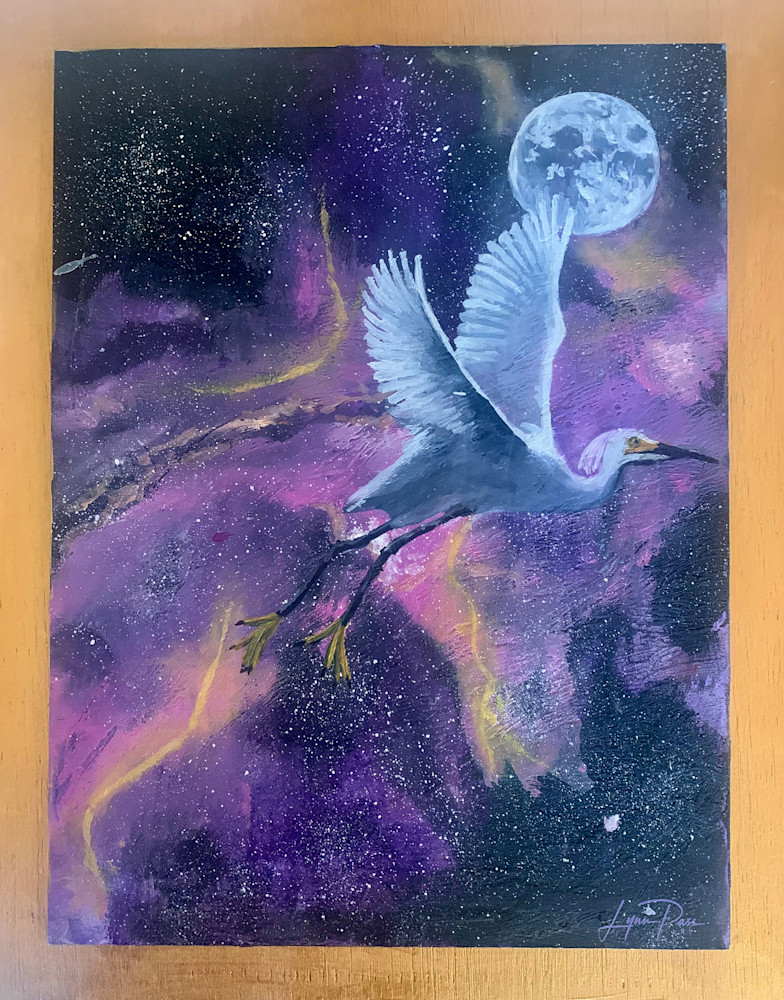 Great Egret Skirts The Moon Art | Lynn Pass Art