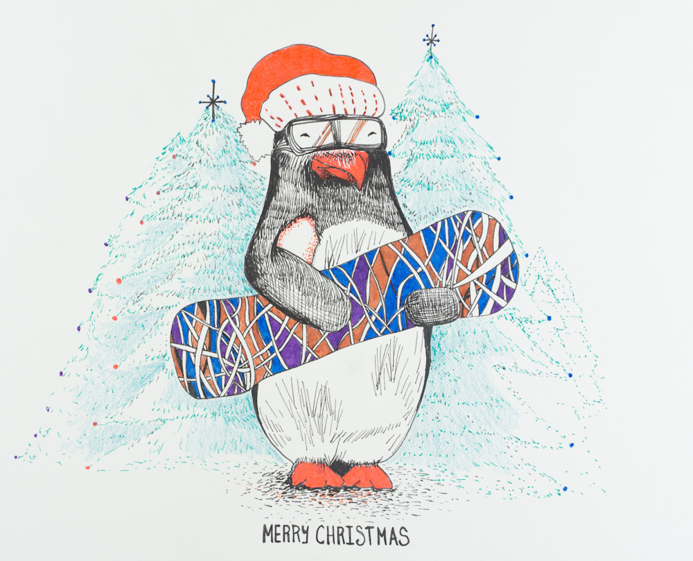 Penguin And Snowboard Art | Art By Michelle