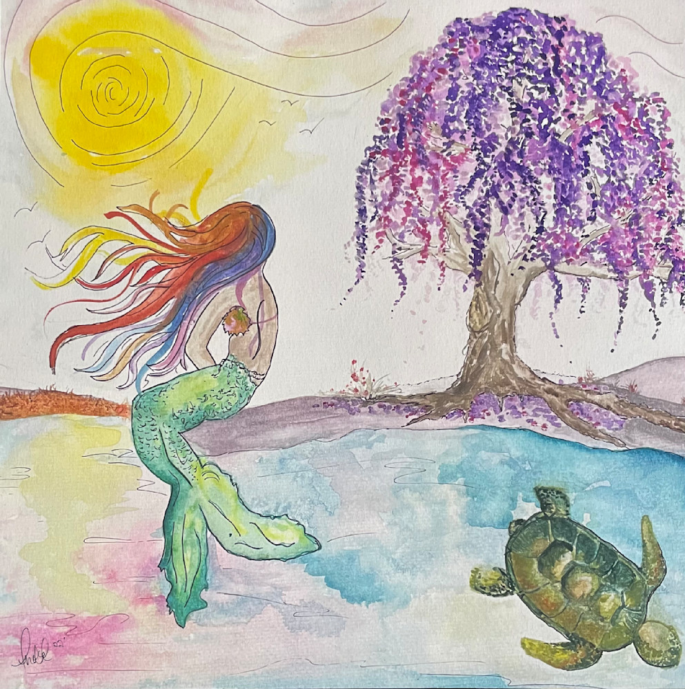 Mermaid By The Sea Of Dreams With Turtle Art | artbyanobel