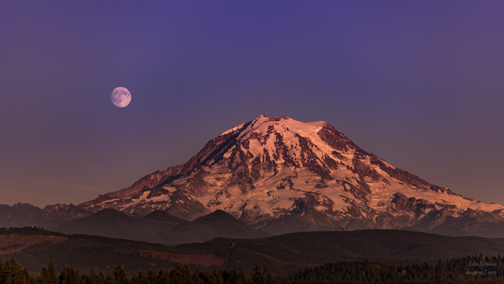Moonrise Over Mt.Rainier Photography Art | johnnelson