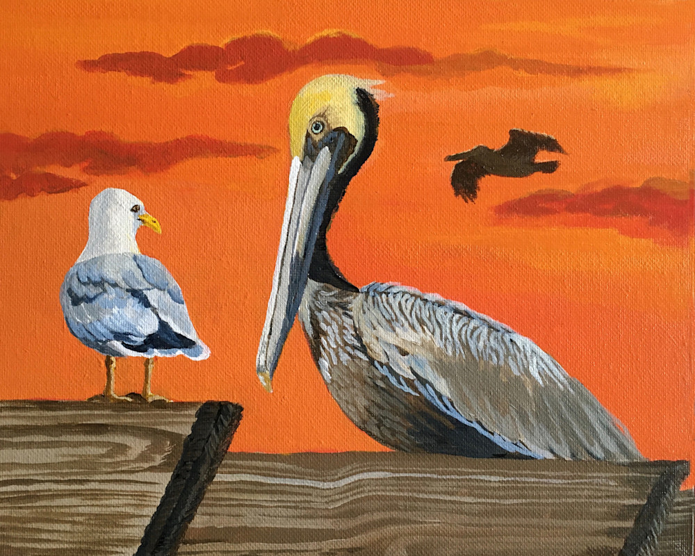 Pelican And Gull At Sunset  Art | Judy's Art Co.