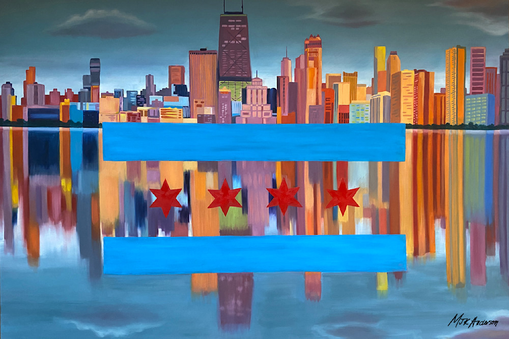Marcy Kennedy Anderson   Chicago Skyline With Flag Art | Marcy Kennedy Anderson Art