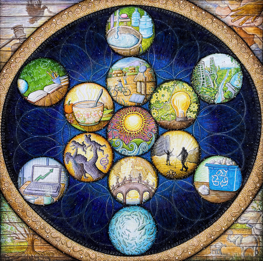 Art gift. Sacred geometry fruit of life 17 sustainable development goals drawing by Kristen Palana