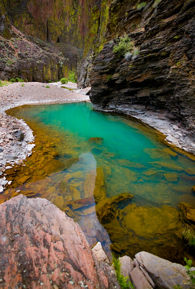 Green-Blue water fills pools left over from the spring run off in Black Canyon a tributary to Deep Creek in the Owyhee Desert of southwest Idaho.