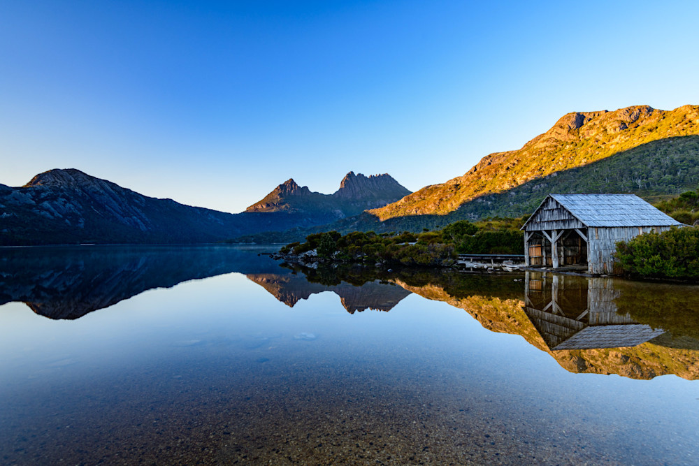 Morning Reflections Dove Lake Boathouse - Cradle Mountain Tasmania