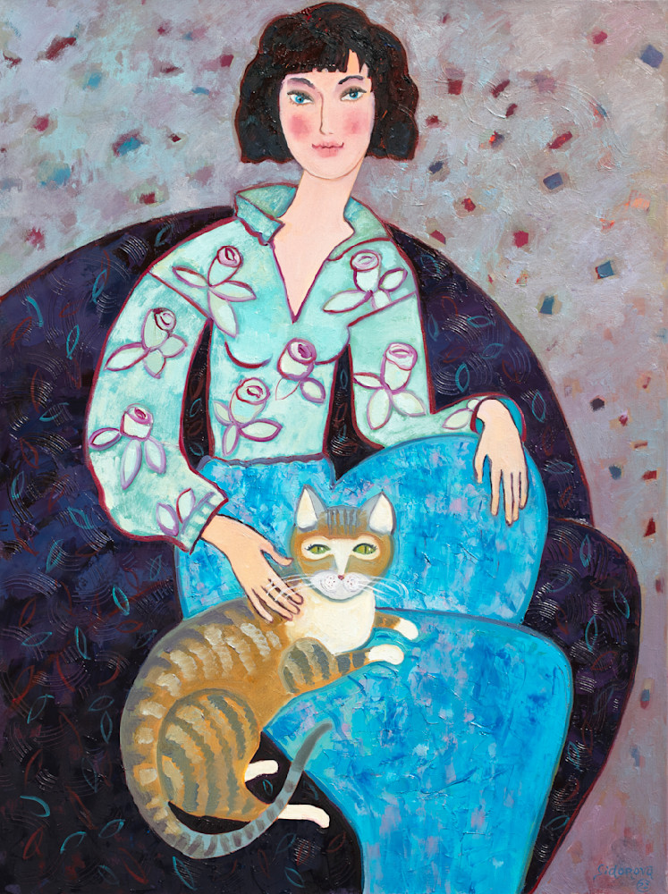 SidorovFineArt-Green eyed cat and a girl 