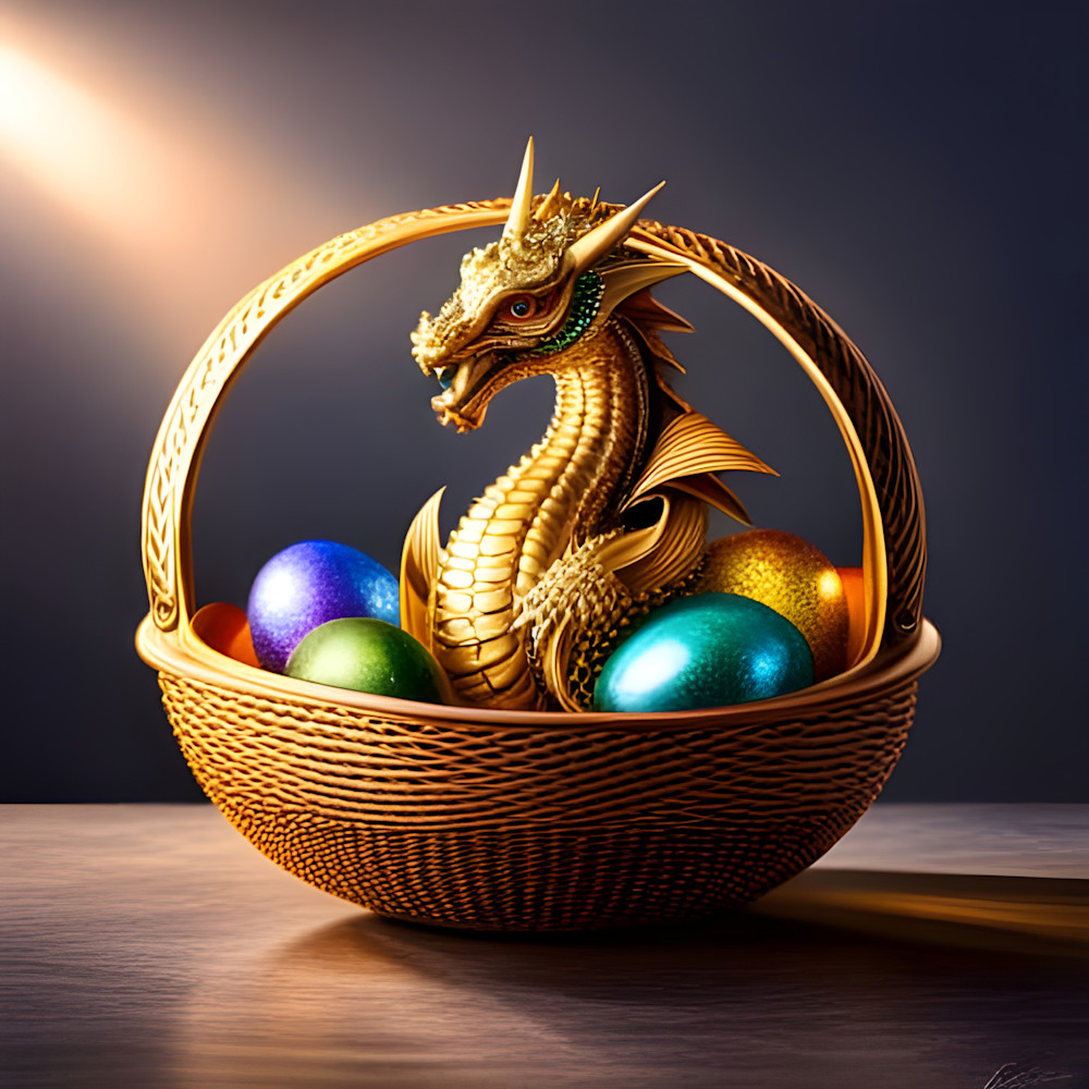 Golden Dragon In Basket Of Shiny Eggs Photography Art | Playful Gallery by Rob Harrison