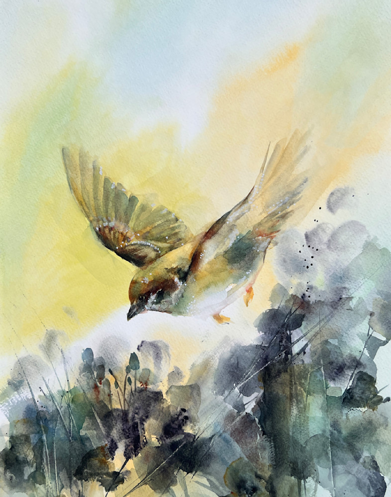 Golden morning flying bird watercolor print