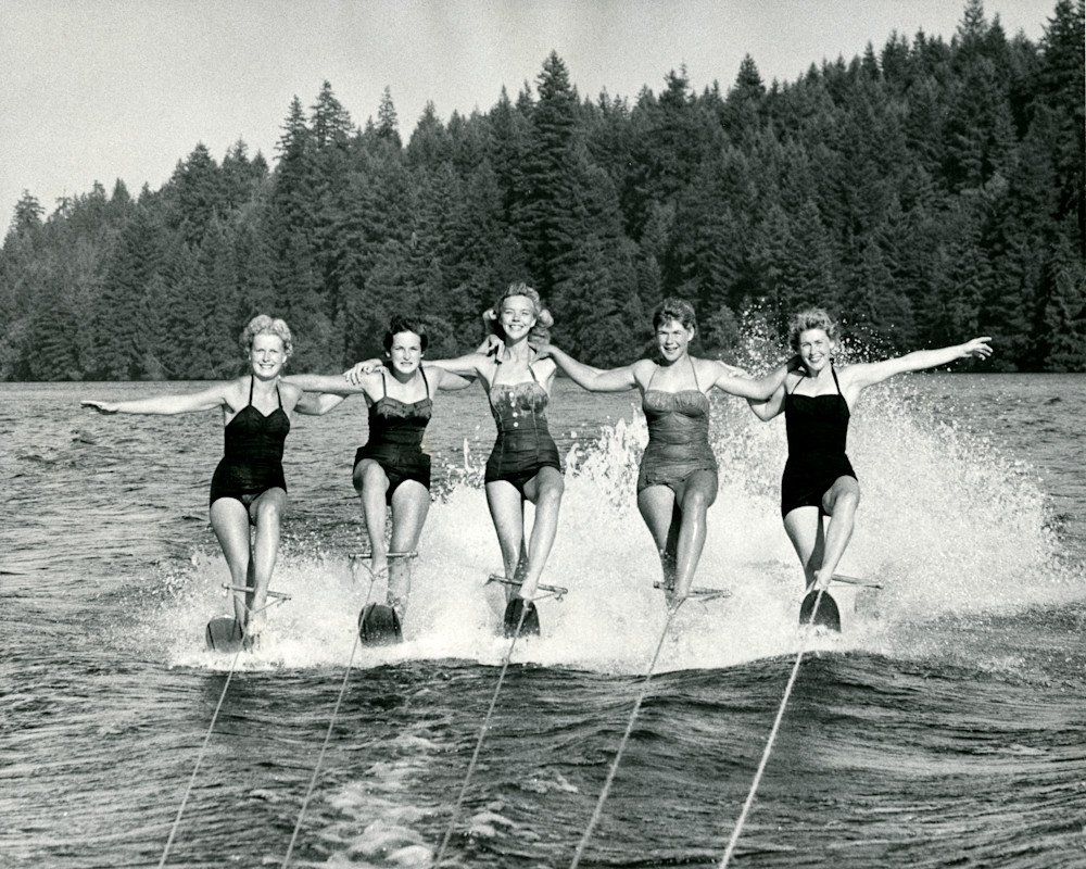 Waterskiiers_Ladies in formation on the lake. Fine art vintage photograph from Sugar Fine Art. 