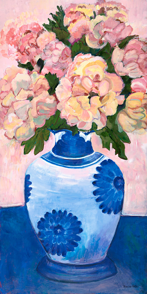 Pink Flowers Blue Vase Art | Marcia Feller Art