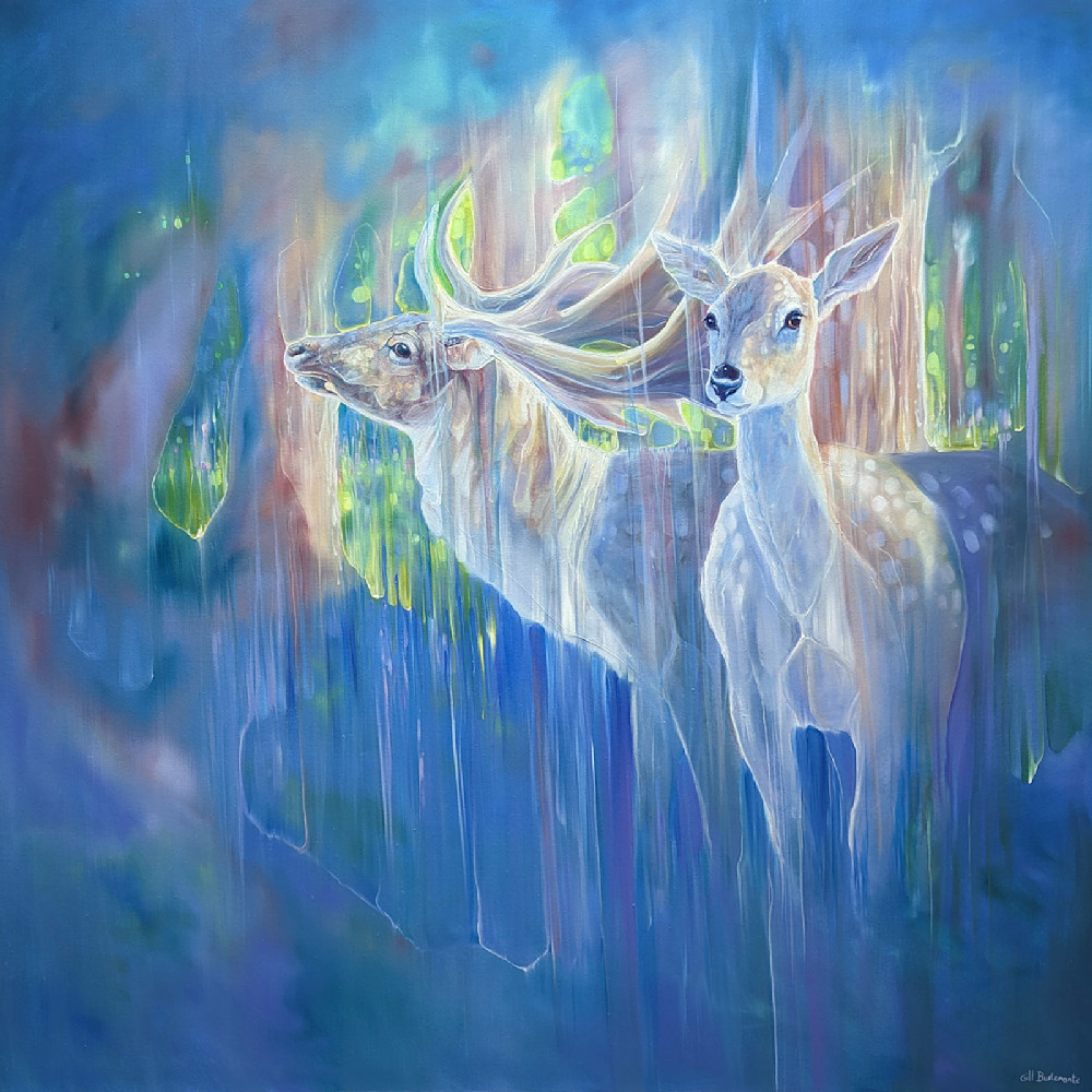 Semi-abstract prints of large oil painting of two deer in a bluebell wood