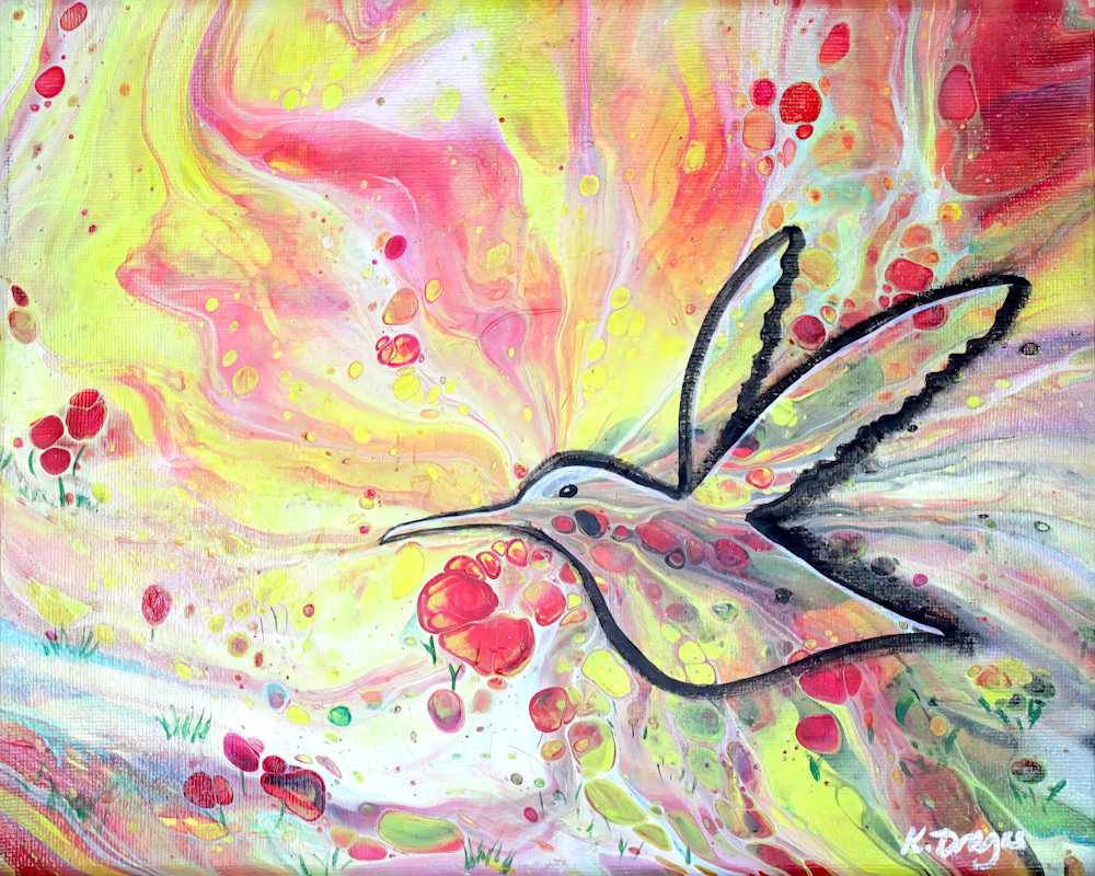 Bright Hummingbird - Acrylic Pouring Painting Prints and Merchandise