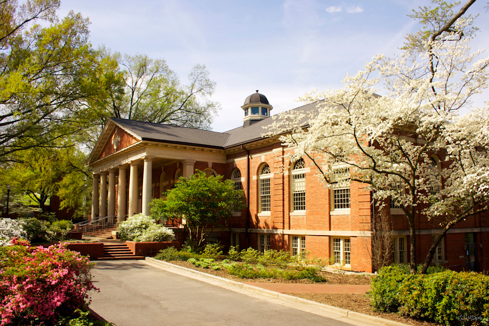 Campus scenes at North Carolina State University in Raleigh.  Leazar Hall, a large brick building with a broad Doric portico, built in 1912, currently houses the College of Design.