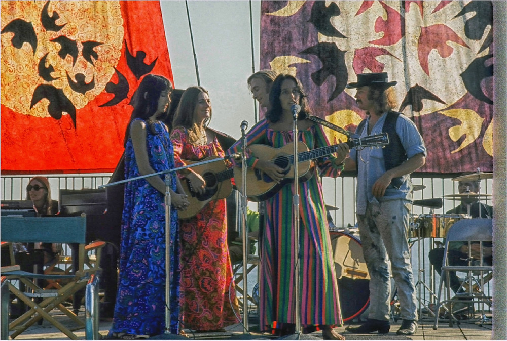 Big Sur Folk Festival Stage: Mimi Farina, Judy Collins, Stephen Stills; Joan Baez; & David Crosby, 1968 Photography Art | Sulfiati Magnuson Photography