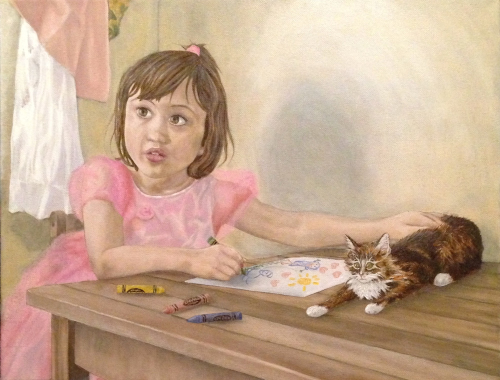little girl oil portrait, child, cat