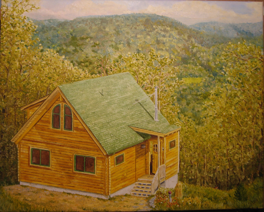 landscape painting, country, Catskills, cottage, cabin, woods