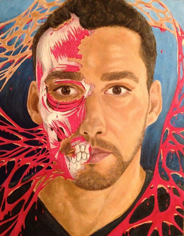 self portrait, skeleton painting, two face, melting face, facial musculoskeletal 