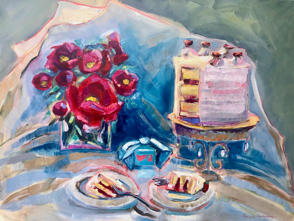 High quality art print of "Taste and See" strawberry cake still life tea time oil painitng.