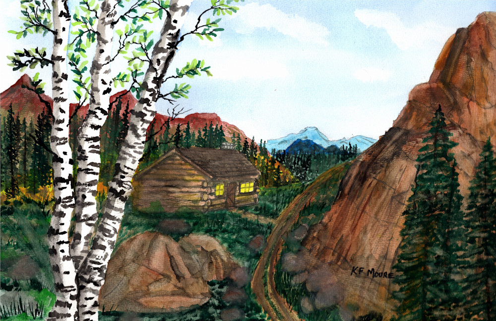 00084 Trailside Hiking Log Cabin Art | KF Moore Watercolors