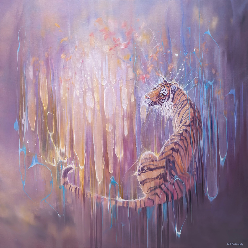 purple print on canvas or paper of a semi-abstract tiger