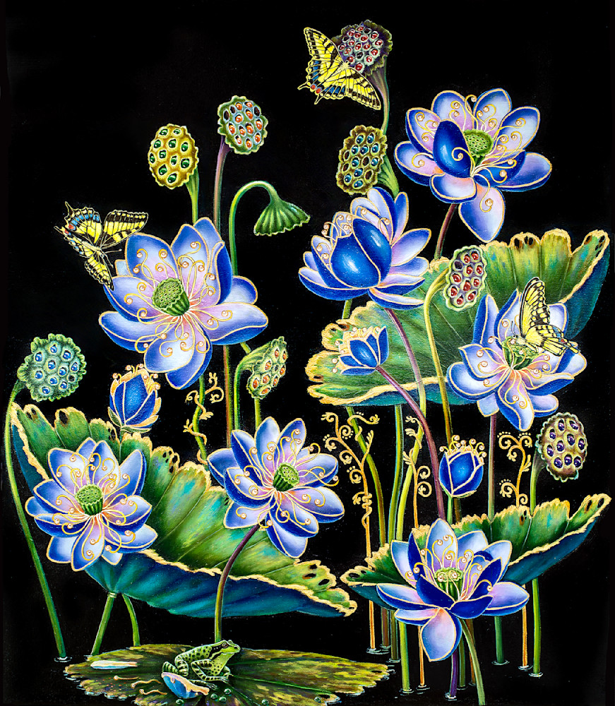 Blue Lotus Flowers & Frog Fine Art Print by Mia Pratt