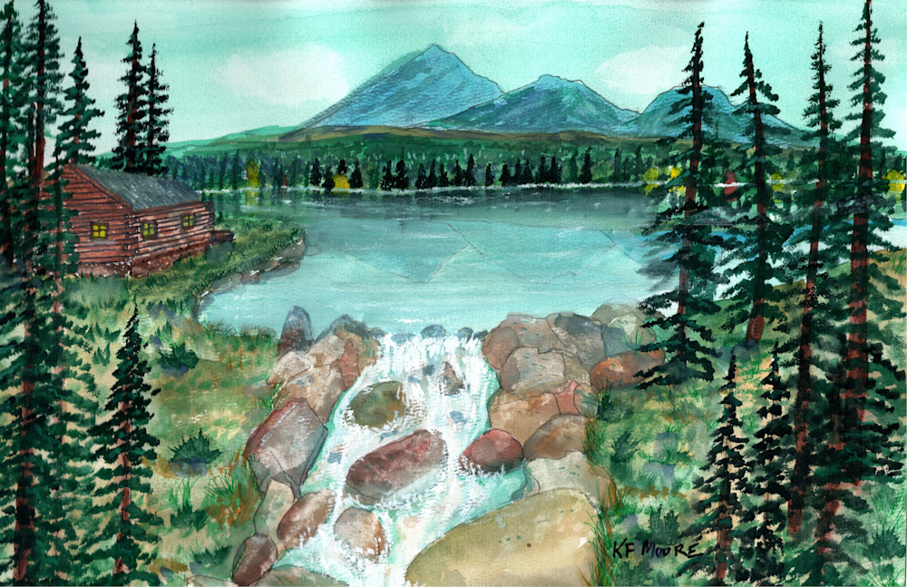 00086 Coconino Lakeside Log Cabin Art | KF Moore Watercolors