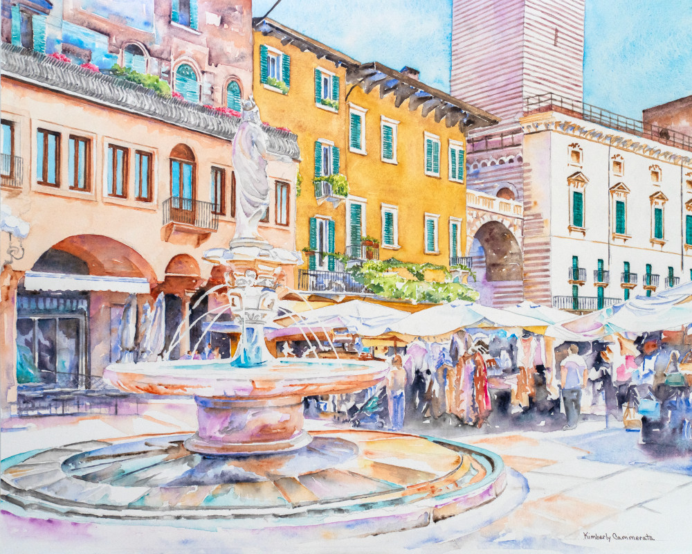 La Fontana Di Madonna, Piazza Delle Erbe, Verona Art | Kimberly Cammerata - Watercolors of the Sun: Paintings of Italy
