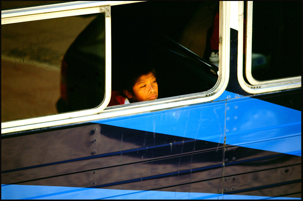 Boy on Blue Striped Bus