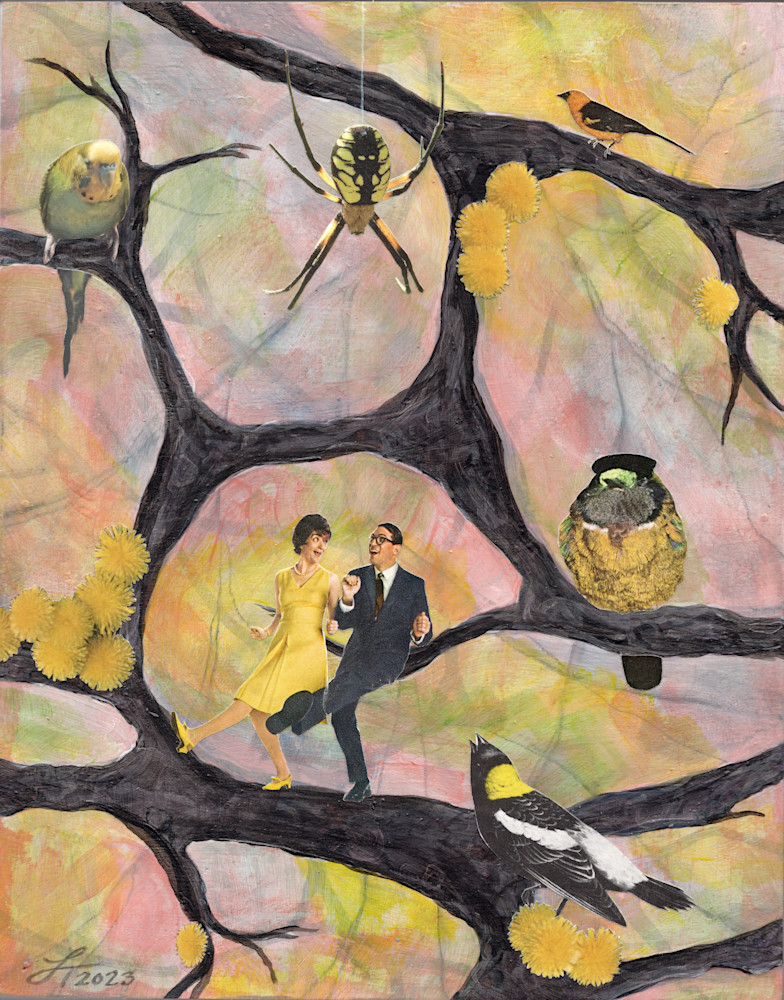 Spider talking a happy dancing couple among a group of birds fine art print