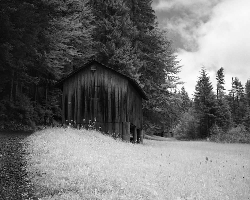 A black and white infrared film photograph of a cabin in Switzerland