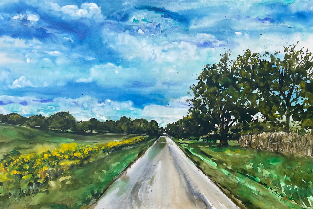 Loami Country Road fine art watercolor painting.