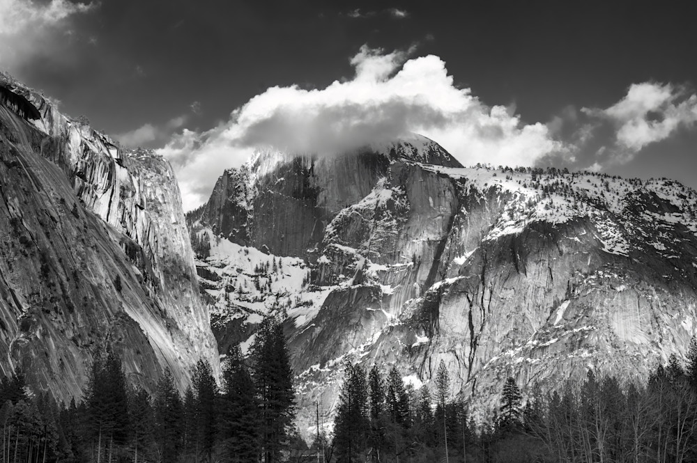 Closeup Of Half Dome Covered In Clouds In Black And White Photography Art | Anand's Photography