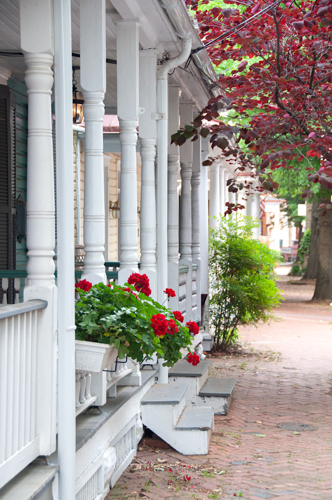 View of Annapolis, Maryland historic street with repeating front porch rails