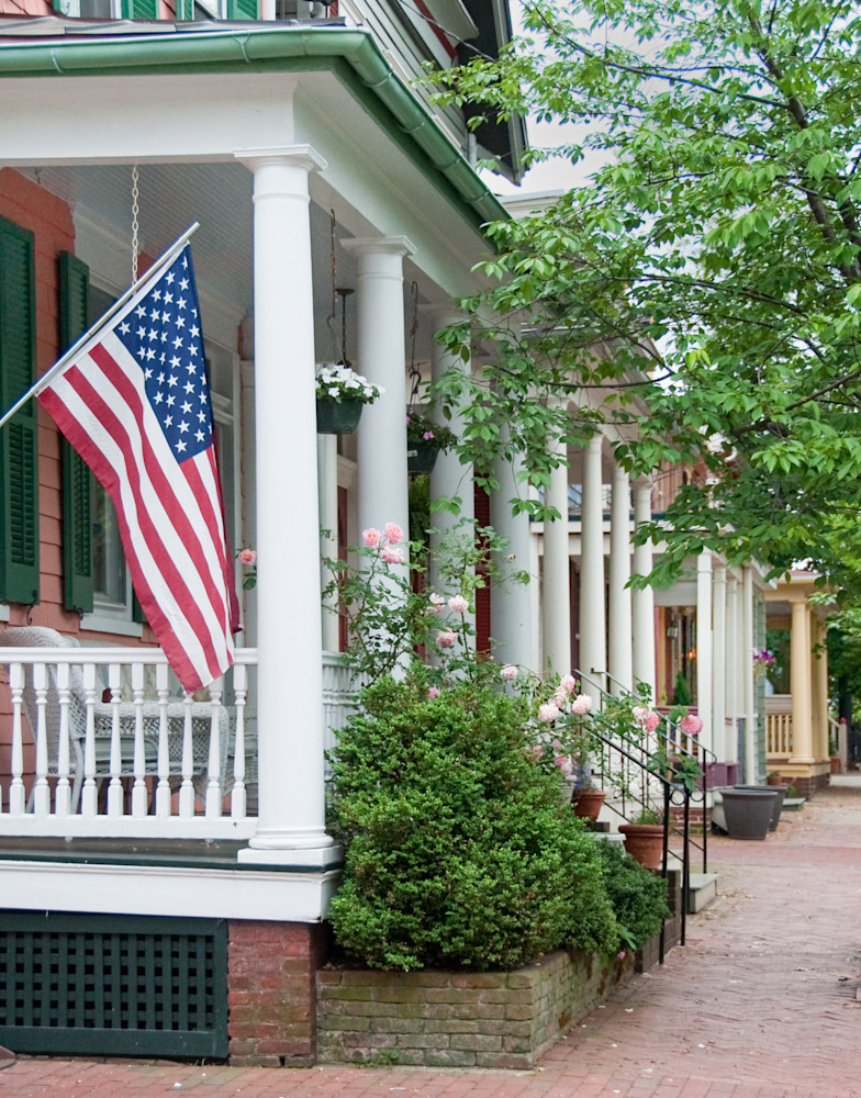 View of Annapolis, Maryland historic street with repeating front porch rails