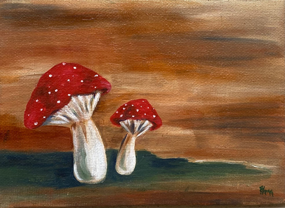 Two Red Capped Mushrooms Art | The Art and Paw
