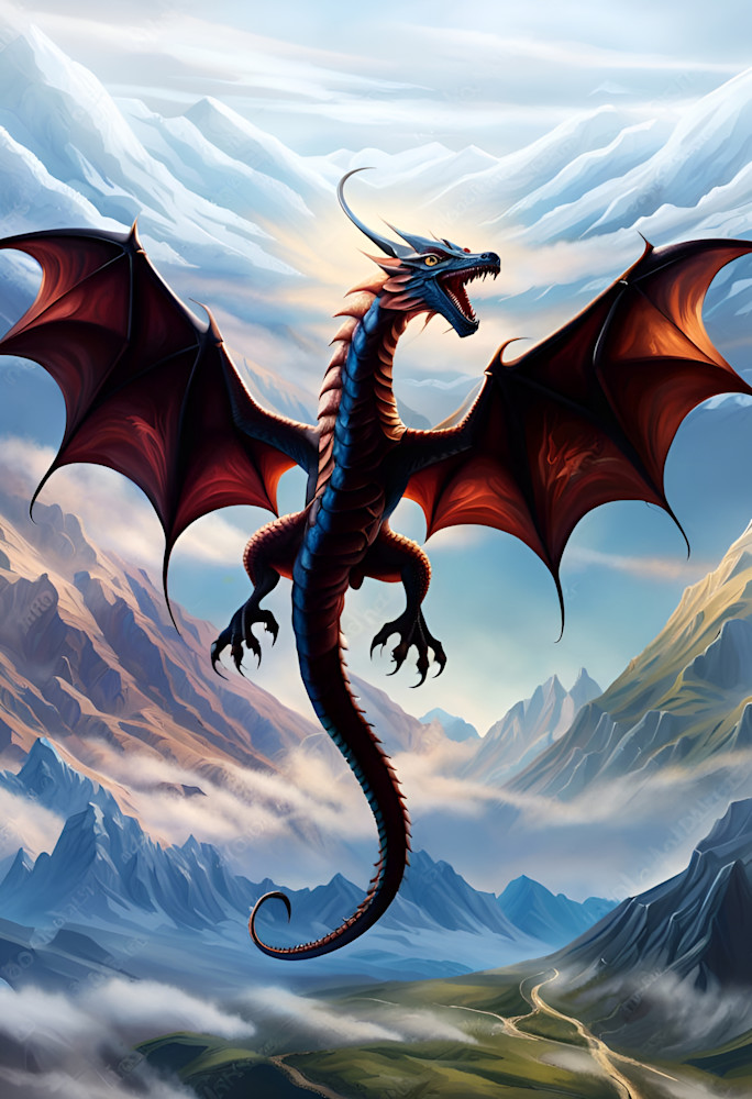 Red Dragon Flying Over Mountains Photography Art | Playful Gallery by Rob Harrison
