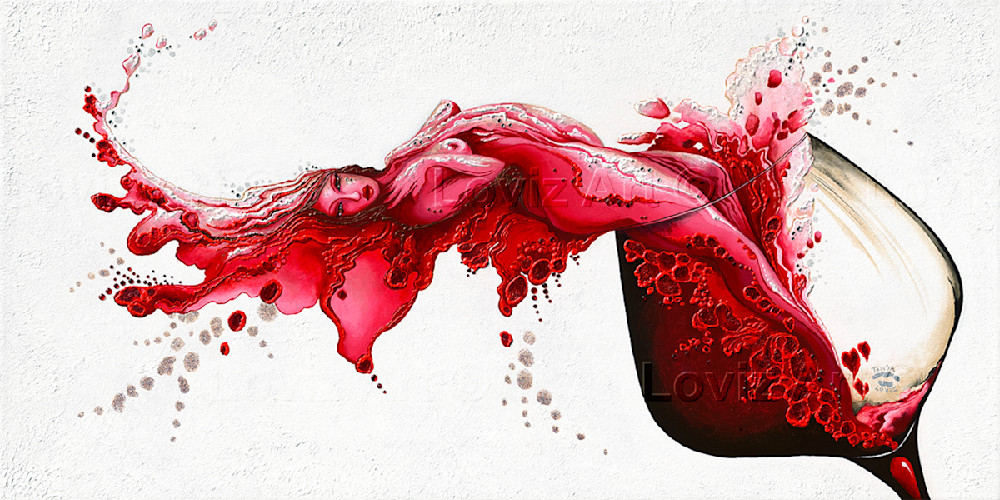 Seductive Red mixed media canvas, red wine, red paint, red girl in wine glass