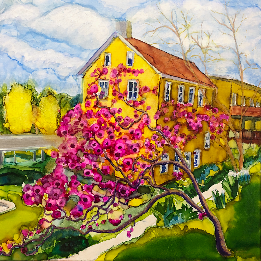 Alcohol ink painitng by Monique Sarkessian of the Washington House at Historic Yellow Springs with pink azalea tree,