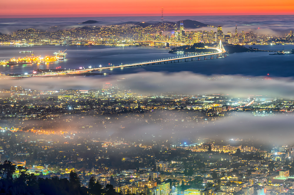San Francisco City, Bay Bridge and Berkeley in fog