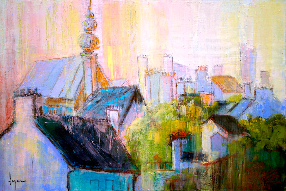 Dinan Rooftops Sunrise Painting by Dorothy Fagan