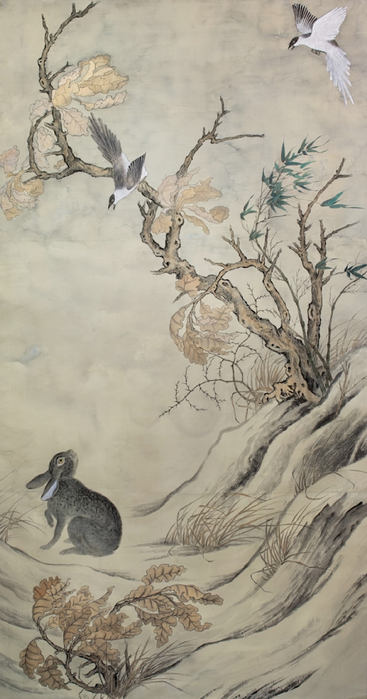 Hare with Two Magpies - After Cui Bai Art Print