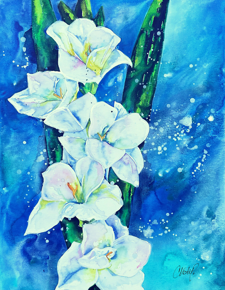 White Gladiolas Watercolor Painting with Blue Splashy background.