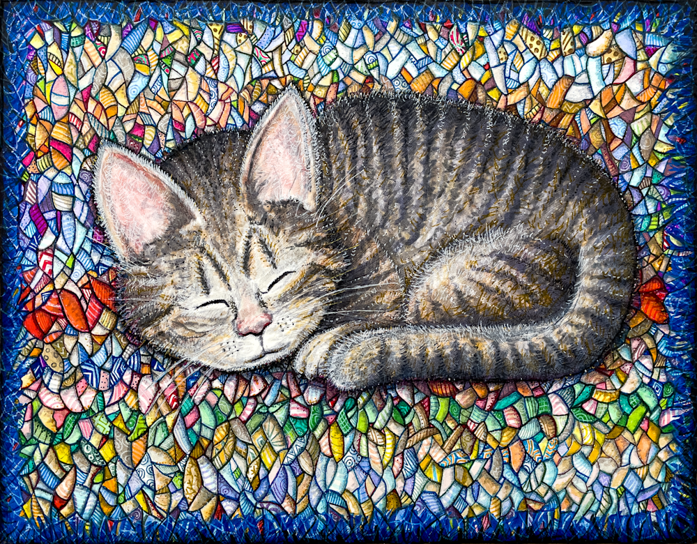 gray cat sleeping on a colorful mat drawing by Kristen Palana gray cat sleeping on a colorful mat drawing by Kristen Palana