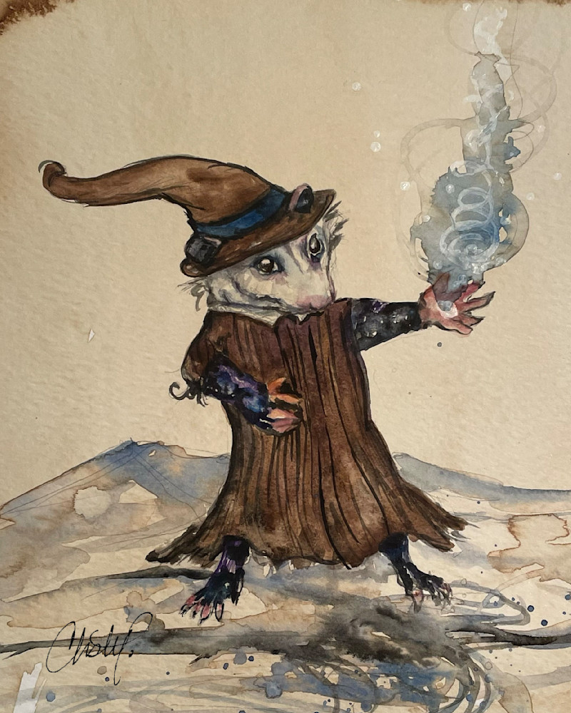 Opossum Witch Coffee and Watercolor Artwork