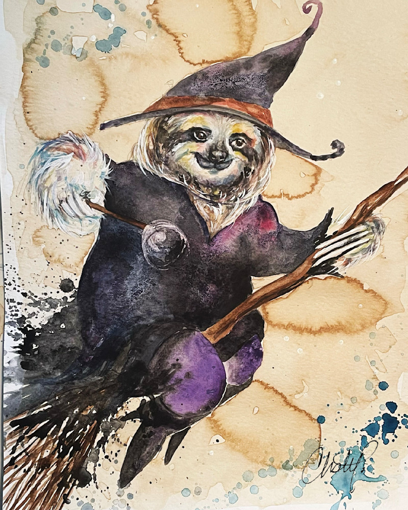 Sloth Witch Zooming on Broom Steam Punk Coffee and Watercolor Artwork