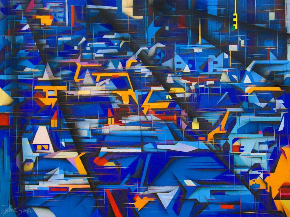 Blue art depicting city life and traffic